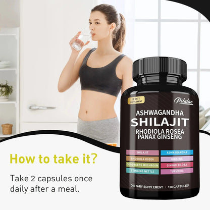 Shilajit, Ashwagandha, Rhodiola Rosea, Panax Ginseng - Boosts Energy and Endurance, Increases Muscle Mass - 120 Capsules Drovia