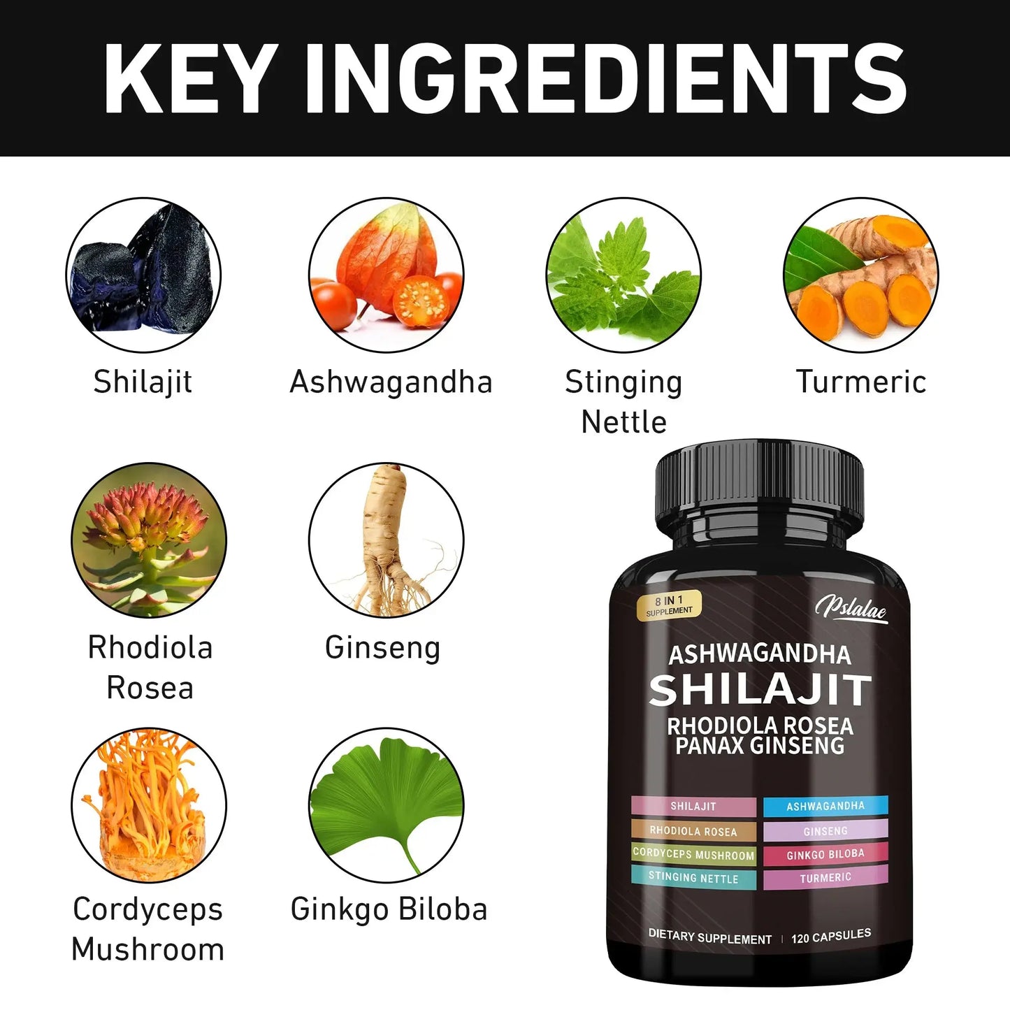 Shilajit, Ashwagandha, Rhodiola Rosea, Panax Ginseng - Boosts Energy and Endurance, Increases Muscle Mass - 120 Capsules Drovia