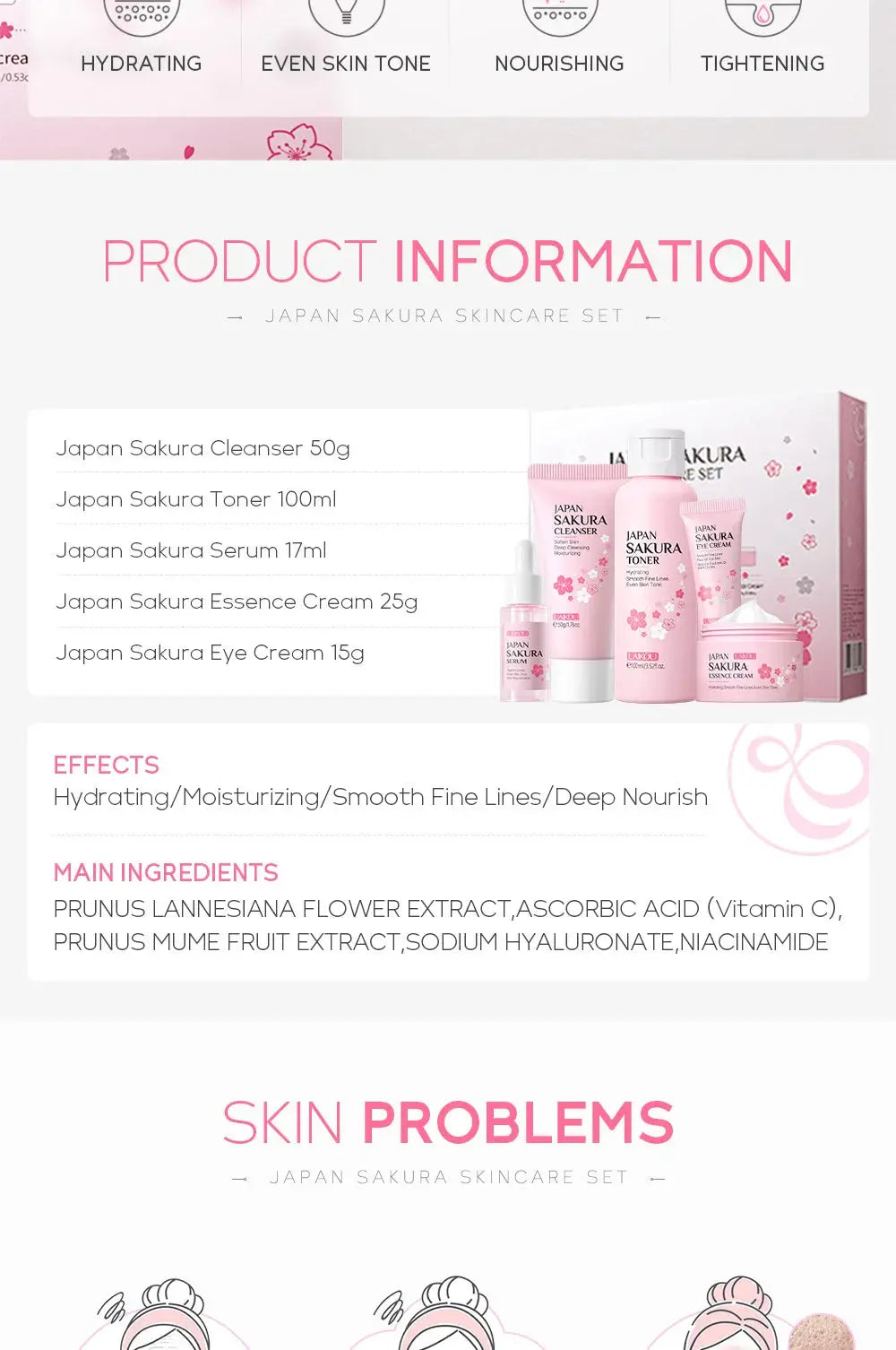Face Skin Care Set Cleanser Sakura Essence Cream Moisturizing Toner Eye Cream Face Serum Improve Roughness & Dryness Skin Care Drovia