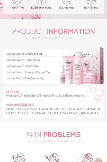 Face Skin Care Set Cleanser Sakura Essence Cream Moisturizing Toner Eye Cream Face Serum Improve Roughness & Dryness Skin Care Drovia