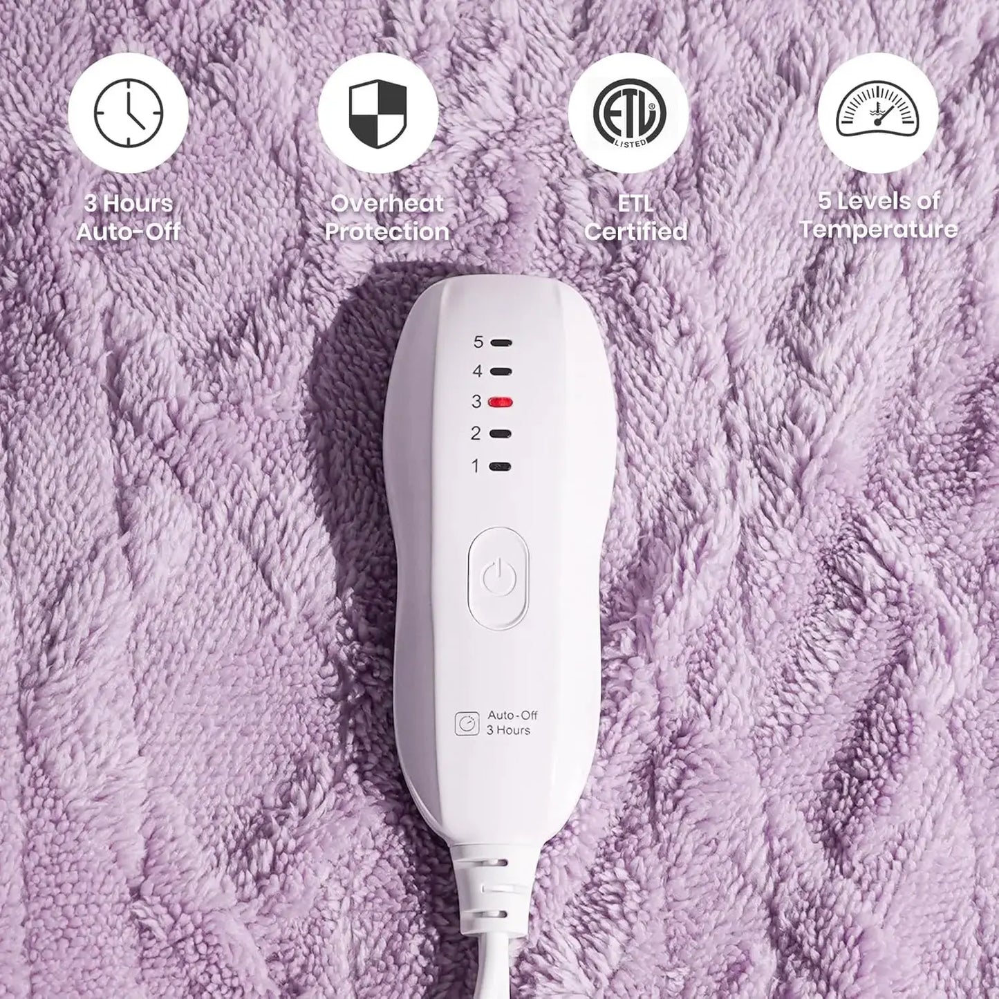 Soft Electric Heated Throw Blanket, 50x60 Inches, 5 Heat Levels with Auto-Off, Machine Washable in Purple - Drovia