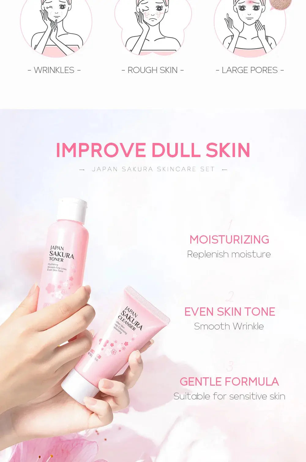 Face Skin Care Set Cleanser Sakura Essence Cream Moisturizing Toner Eye Cream Face Serum Improve Roughness & Dryness Skin Care Drovia