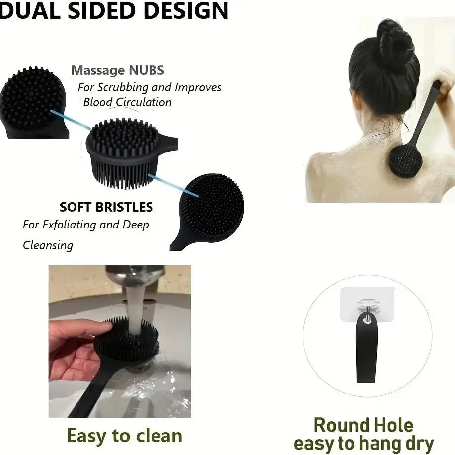 Silicone Back Scrubber Brush for Shower  Long Handle Body Deep Cleansing and Exfoliating Massage Double-Sided Soft Bristles Drovia